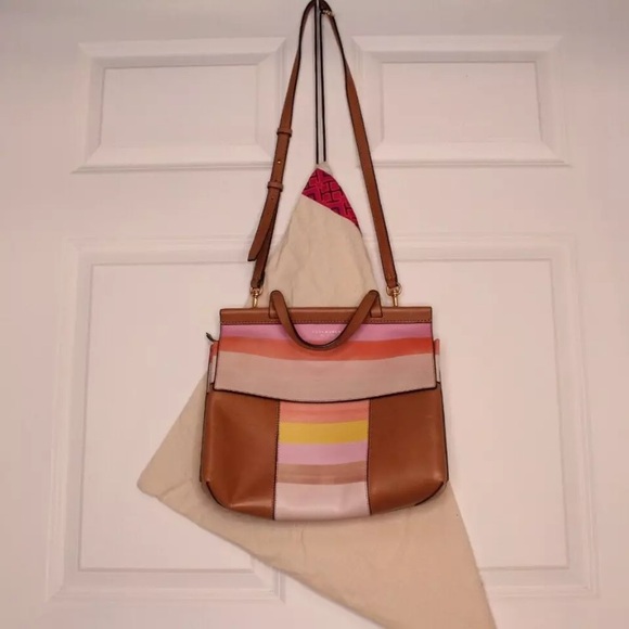 Tory Burch Block-T Degrade Satchel Purse in Fresh Melon Stripe With Dust Bag